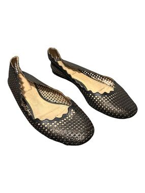 CHLOE Lauren Black Perforated Leather Scalloped Ballet Flats